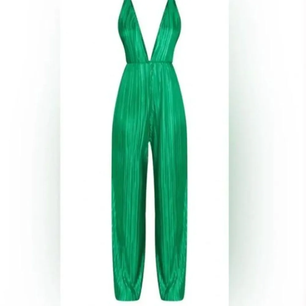 Green plisse plunge strappy jumpsuit - Picture 6 of 7